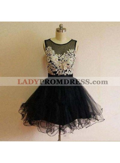 Black Scoop Sleeveless Appliques A Line Organza Pleated Sheer Homecoming Dresses