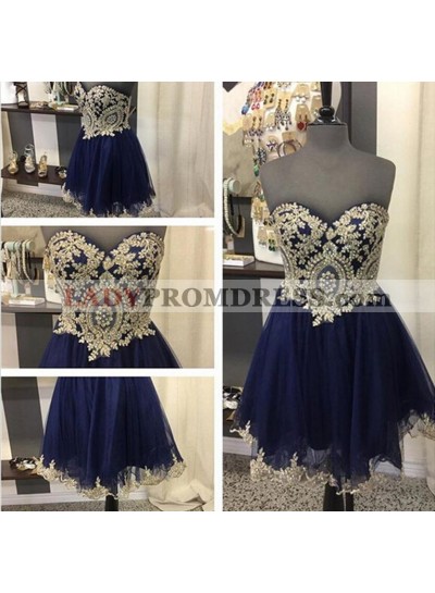 A Line Strapless Sweetheart Dark Navy Tulle Appliques Lace Exquisite Homecoming Dresses