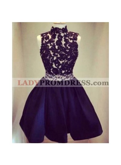 Black High Neck Sleeveless A Line Pleated Appliques Satin Flowers Homecoming Dresses