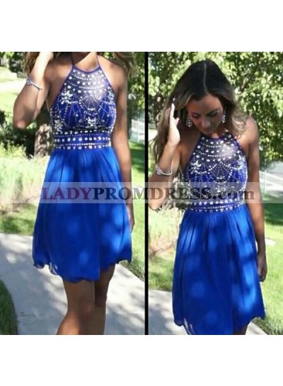 Chiffon A Line Rhinestone Beading Halter Sleeveless Royal Blue Homecoming Dresses