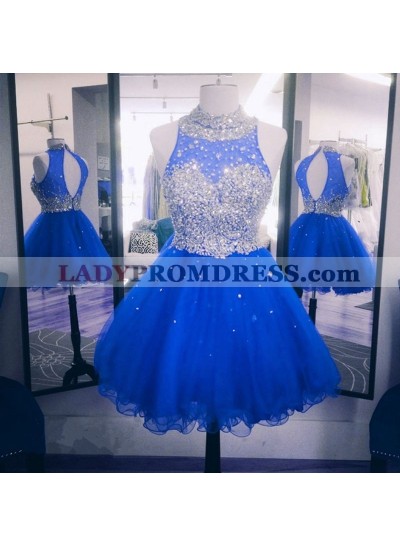 High Neck Sleeveless Backless A Line Organza Appliques Royal Blue Homecoming Dresses