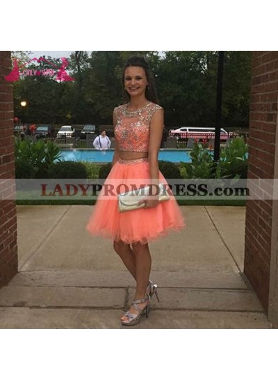 Two Pieces Scoop A Line Organza Coral Cap Sleeve Rhinestone Homecoming Dresses