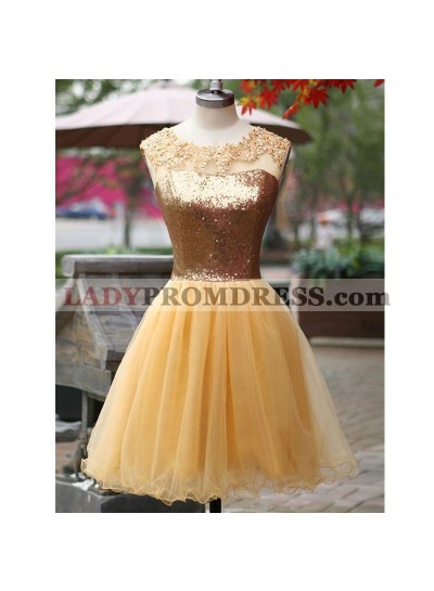 Sleeveless Scoop Appliques Pleated Light Yellow Organza A Line Sequins Homecoming Dresses