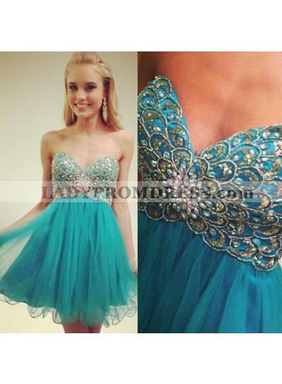 Blue A Line Strapless Sweetheart Beading Rhinestone Sequins Organza Pleated Homecoming Dresses