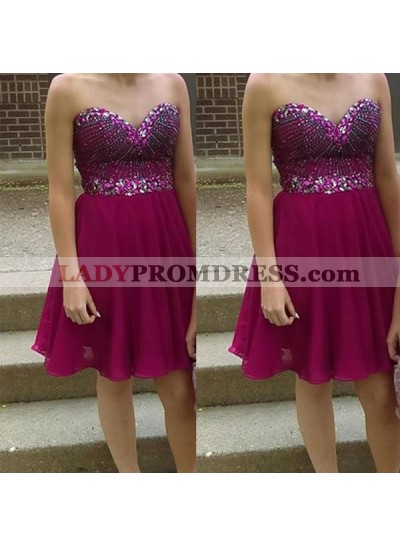 Chiffon A Line Strapless Sweetheart Beading Rhinestone Fuchsia Homecoming Dresses