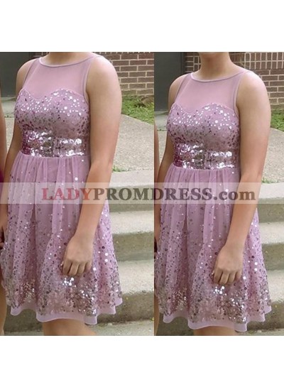 Jewel Sleeveless Pink A Line Sheer Sequins Pleated Homecoming Dresses