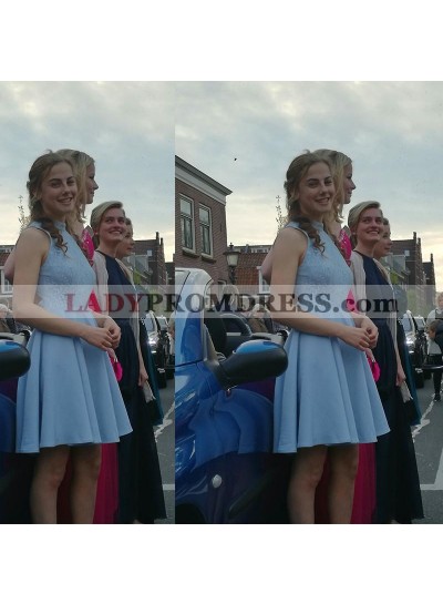 Sleeveless High Neck A Line Pleated Backless Blue Satin Flowers Homecoming Dresses