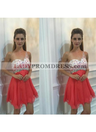 One Shoulder Straps Sleeveless Sweetheart Organza Coral Pleated Homecoming Dresses
