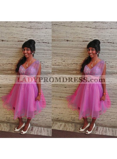 V Neck Sleeveless Sheer Pink Rhinestone Organza Pleated A Line Homecoming Dresses