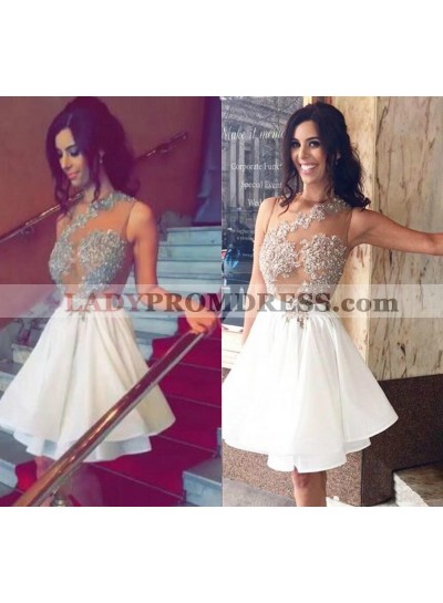 Jewel Sleeveless Sheer Appliques A Line White Tiered Chiffon Pleated Homecoming Dresses
