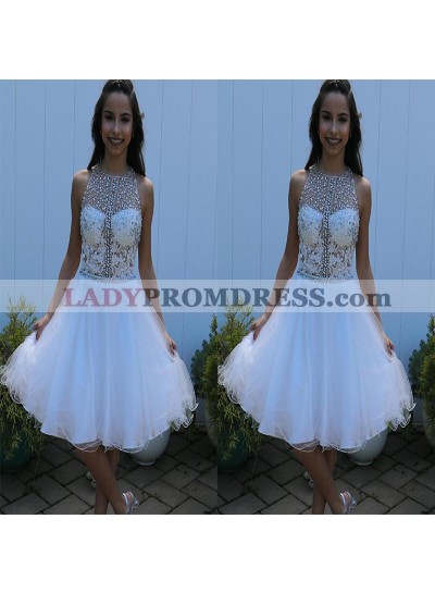 Organza Jewel Sleeveless Pleated Rhinestone Appliques Flowers Homecoming Dresses