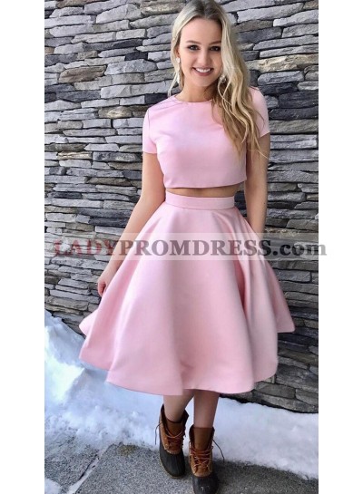 Short Sleeve Jewel Two Pieces A Line Satin Pink Pleated Homecoming Dresses