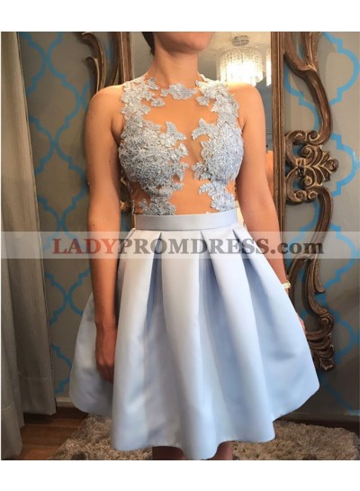 Jewel Sleeveless A Line Pleated Appliques Satin Blue Flowers Homecoming Dresses