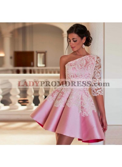 One Shoulder Pink Half Sleeve Appliques Flowers Hollow Satin Pleated Homecoming Dresses