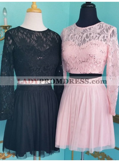 Lace Scoop Long Sleeve Two Pieces Sheer Tulle A Line Pleated Homecoming Dresses