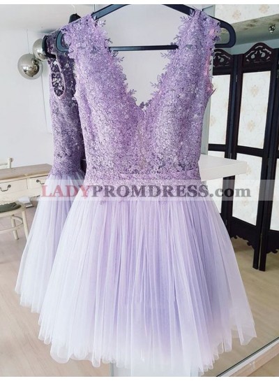 Deep V Neck Lavender Tulle Pleated Lace Sleeveless A Line Backless Homecoming Dresses
