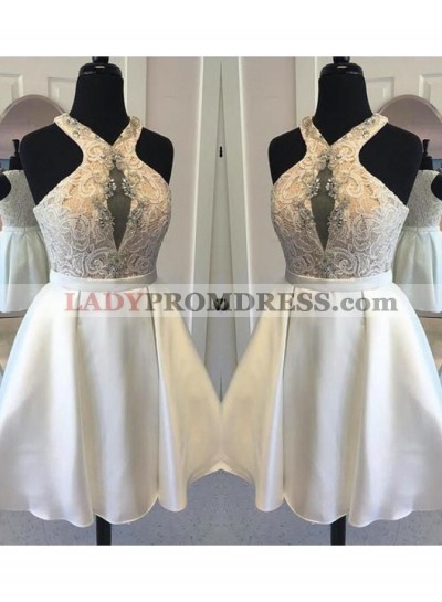 Halter Sleeveless A Line Pleated Satin Lace Sheer Sexy Flowers Homecoming Dresses
