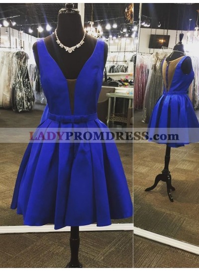 Deep V Neck Ball Gown Sleeveless Bow Knot Satin Pleated Sheer Back Homecoming Dresses