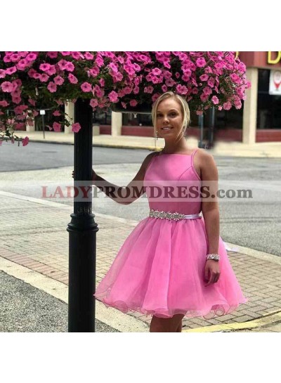 Straps A Line Organza Rhinestone Pink Pleated Short Cute Homecoming Dresses