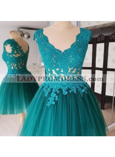 Deep V Neck Backless Hollow Ball Gown Pleated Teal Flowers Homecoming Dresses