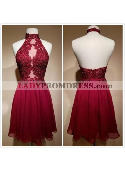 High Neck Backless Appliques Sheer A Line Chiffon Halter Pleated Homecoming Dresses