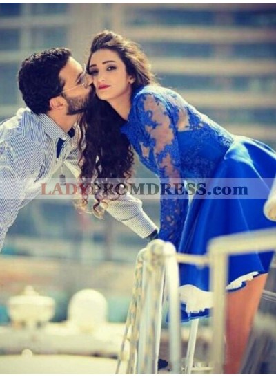 Long Sleeve Royal Blue Appliques A Line Pleated Satin Elegant Homecoming Dresses
