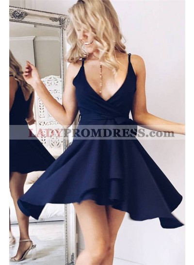 Deep V Neck Spaghetti Straps Satin Asymmetrical Pleated Sleeveless Homecoming Dresses