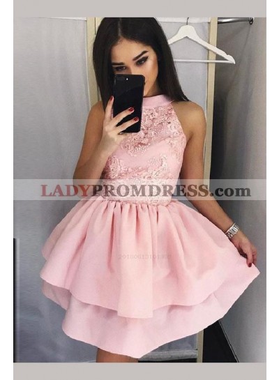Halter Sleeveless Pleated Ball Gown Tiered Appliques Flowers Satin Homecoming Dresses