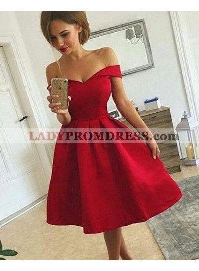 Off The Shoulder A Line Pleated V Neck Red Satin Tea Length Homecoming Dresses