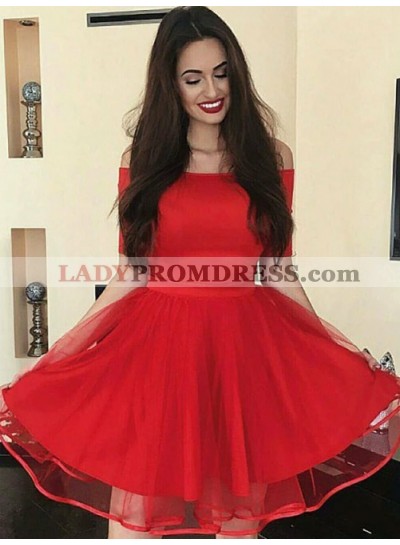 Off The Shoulder Half Sleeve A Line Pleated Organza Red Short Homecoming Dresses