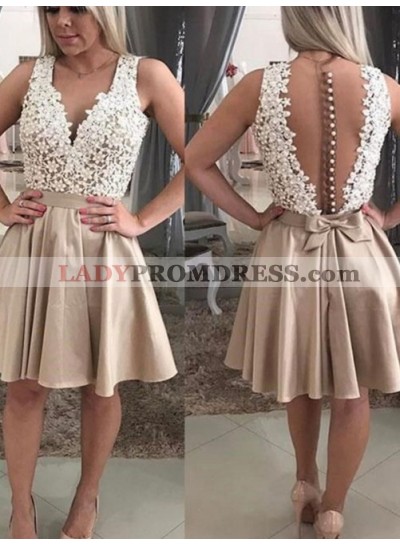 Deep V Neck Sleeveless Appliques Pearls Sheer Back Satin Pleated Homecoming Dresses