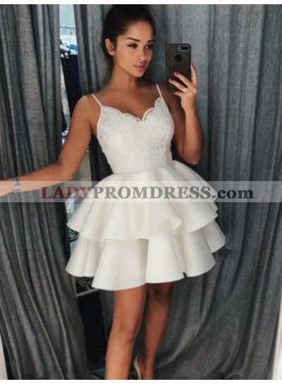 Ball Gown Tiered Pleated V Neck Spaghetti Straps Lace Satin Ivory Short Homecoming Dresses