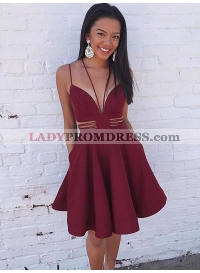Spaghetti Straps Deep V Neck Cut Out A Line Pleated Satin Burgundy Homecoming Dresses