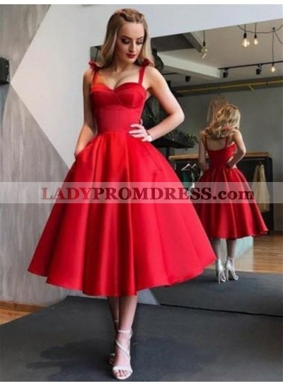 Straps Sweetheart Ball Gown Pleated Red Backless Satin Elegant Homecoming Dresses