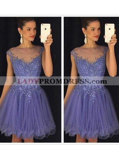 Jewel Sheer Cap Sleeve A Line Organza Appliques Pleated Flowers Homecoming Dresses