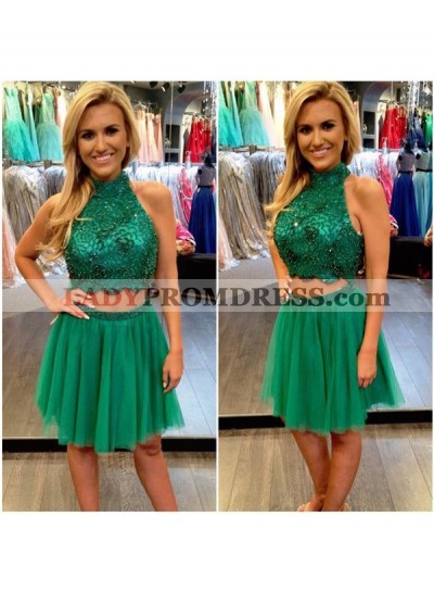 Halter A Line Hunter Tulle Two Pieces Sleeveless Beading Pleated Homecoming Dresses