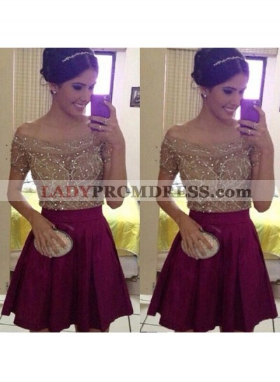 A Line Fuchsia Off The Shoulder Beading Satin Short Pleated Homecoming Dresses