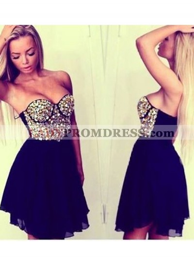 Strapless Sweetheart A Line Chiffon Rhinestone Pleated Backless Homecoming Dresses