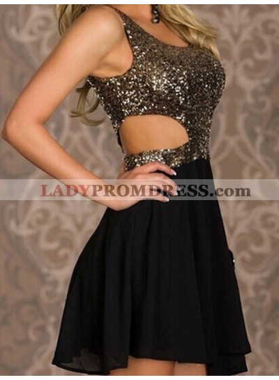 Scoop Sleeveless Cut Out Chiffon A Line Black Short Sexy Sequins Homecoming Dresses