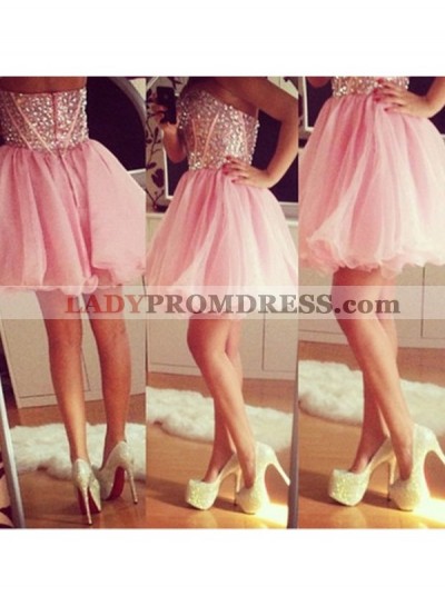 Organza Strapless Pink Sweetheart Pleated Backless A Line Beading Short Homecoming Dresses
