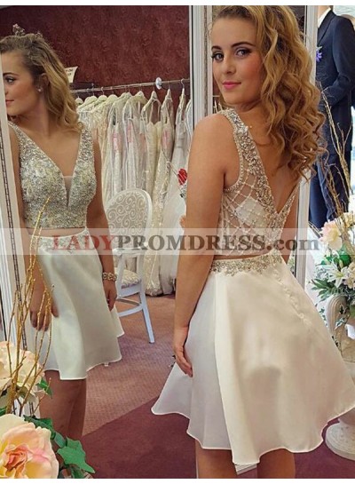 Sleeveless Backless Beading Ivory Two Pieces A Line Satin Sheer V Neck Homecoming Dresses