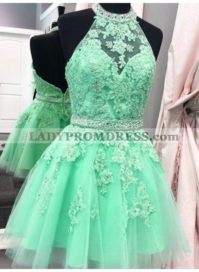 Appliques Halter Sleeveless Backless A Line Flowers Tulle Pleated Homecoming Dresses