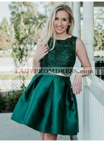 Jewel Ball Gown Sleeveless Dark Green Appliques Lace Two Pieces Satin Homecoming Dresses