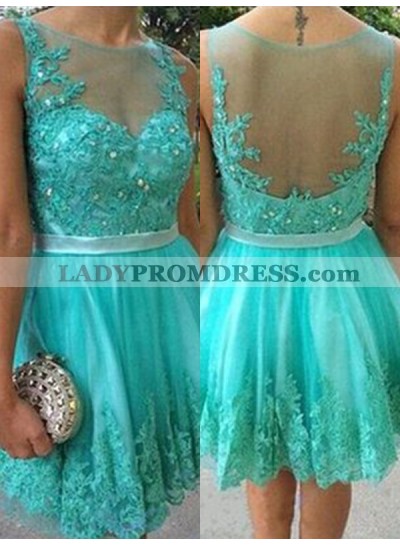 Turquoise Sheer Sleeveless Jewel Pleated Short Appliques Lace Homecoming Dresses
