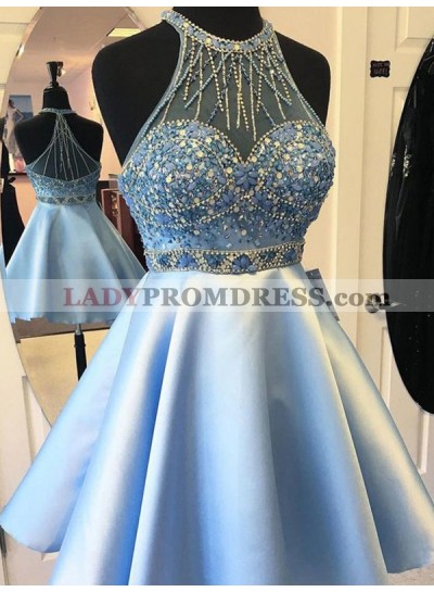 A Line Blue Beading Rhinestone Sleeveless Halter Sheer Back Satin Homecoming Dresses
