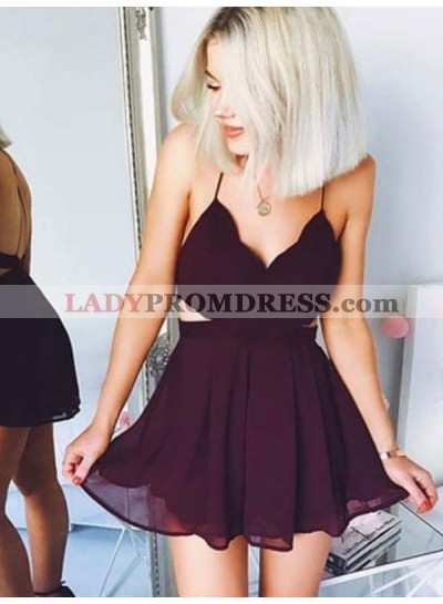 Criss Cross Spaghetti Straps V Neck Backless Burgundy Chiffon A Line Homecoming Dresses