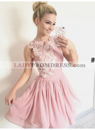 Sleeveless Jewel A Line Chiffon Pleated Appliques Flowers Short Homecoming Dresses