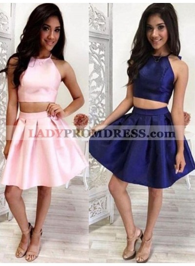 Halter Sleeveless Two Pieces Satin Pleated A Line Above Knee Homecoming Dresses