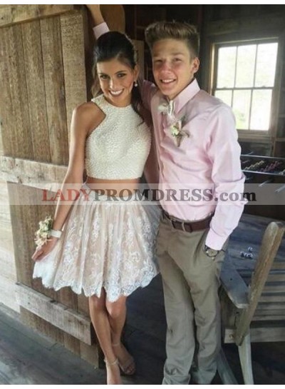 Halter Sleeveless Two Pieces Lace Flowers Pleated Ivory A Line Homecoming Dresses