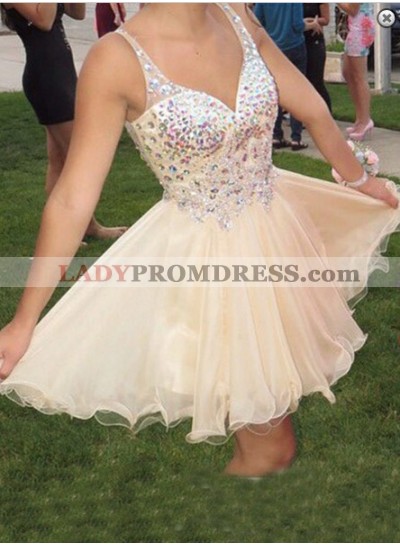 Deep V Neck Sleeveless A Line Ivory Organza Rhinestone Sparkle Short Homecoming Dresses